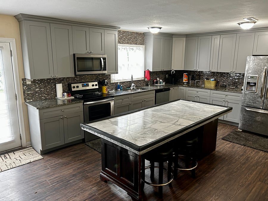 Open Kitchen White Marble Tile Island Table