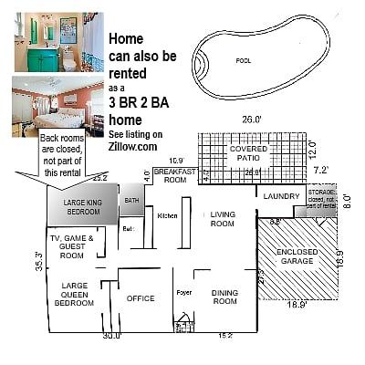 This listing is for 2 bedrooms and 1 bath. The home can also be rented as a 3BR, 2BA: see listing on Zillow.com