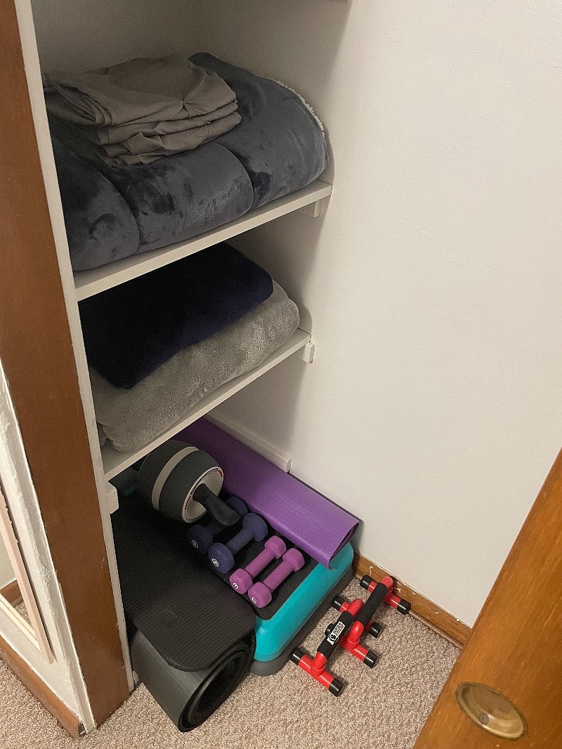Extra linens and workout equipment.