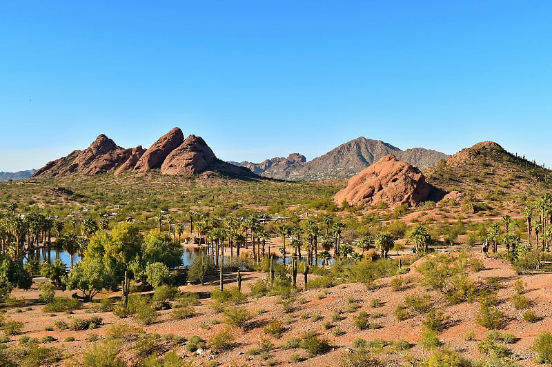 Papago Park is just 12 minutes away by car and offers superb hiking experiences and a diverse range of recreational amenities. Predominantly composed of sandstone, this expanse is renowned for its towering buttes that undulate across the park. The trails crisscrossing the area are generally gentle and provide a smooth, low-elevation terrain, making it a sought-after destination for runners, hikers, and mountain bikers. Papago Park is also home to two of the region's most frequented attractions: the renowned Phoenix Zoo and the breathtaking Desert Botanical Garden. Furthermore, the park features an archery range, an orienteering course, the Papago Ponds fishing lagoon, the Hall of Flame Museum, the Papago Sports Complex, and the Papago Golf Course.