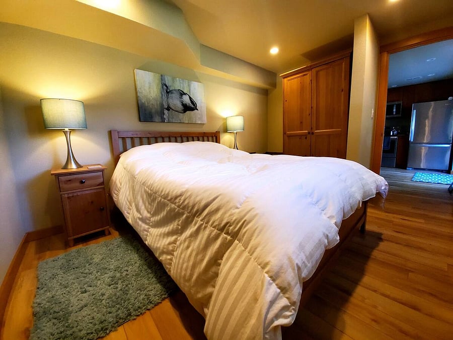 Bedroom with tranquil decor includes a blackout curtain.