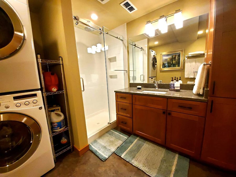 Spacious tile shower complete with luxurious rain shower. Includes your own washer and dryer.