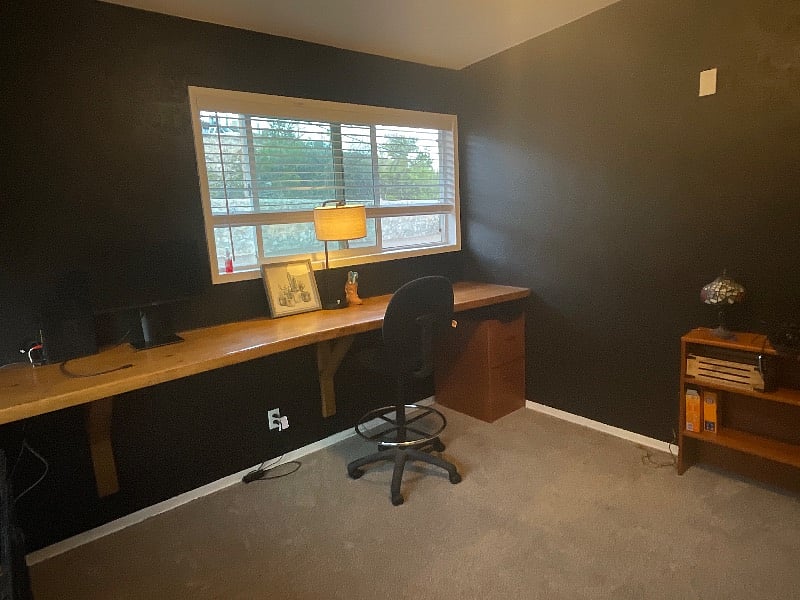 Built in wall to wall desk. Great for 2 people who work from home. Lamps with USB ports.