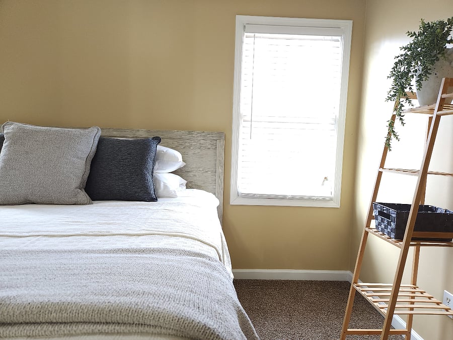 Primary bedroom, king bed, sleeps two, ceiling fan, connected bathroom