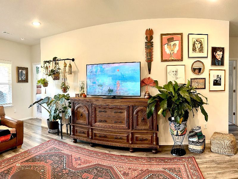 media cabinet in open-concept living space