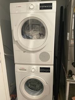 Energy efficient washer and dryer combination.
