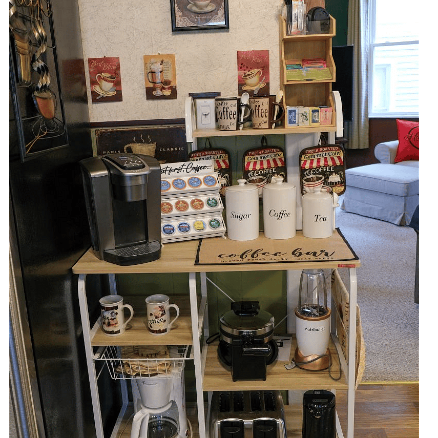 Full coffee bar with Toaster, coffee maker, waffle maker, air fryer, and blender.