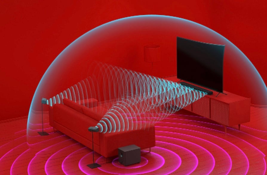 Surround sound system with five speakers and 65" TV available in family room.