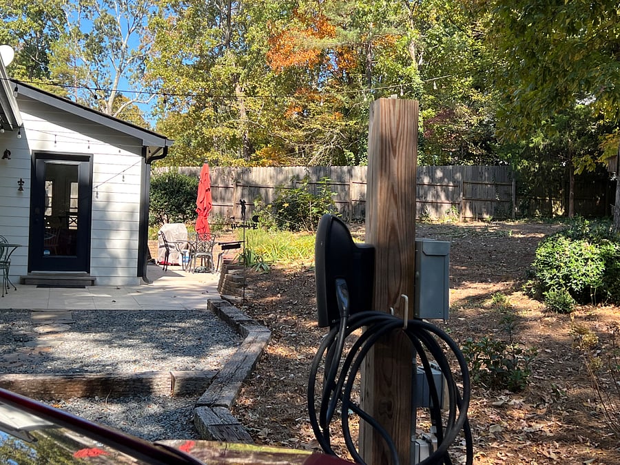 The JFR's view of the private backyard enclosed in an eight foot fence. Also the 30 amps EV charger.