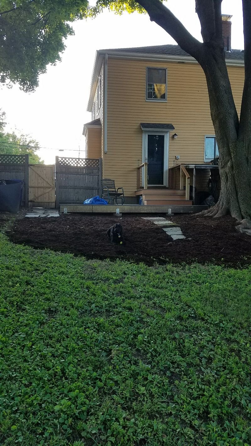 Back door and deck seen from yard. (There is now patio furniture and a new fence.)