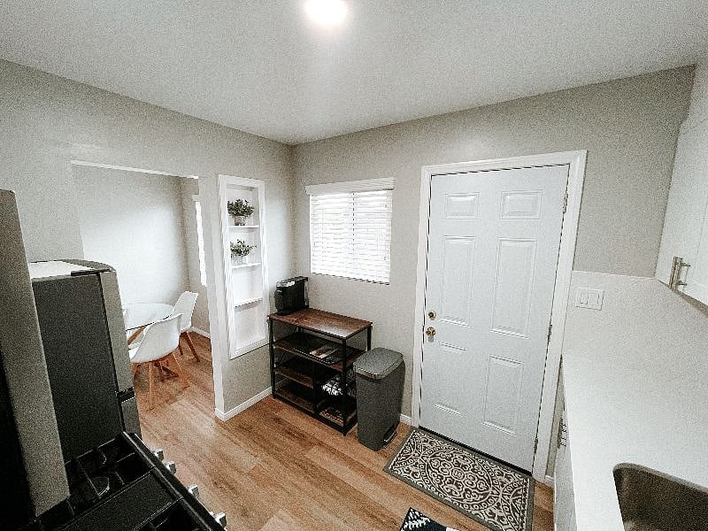 LED Lit Kitchen, facing back door patio