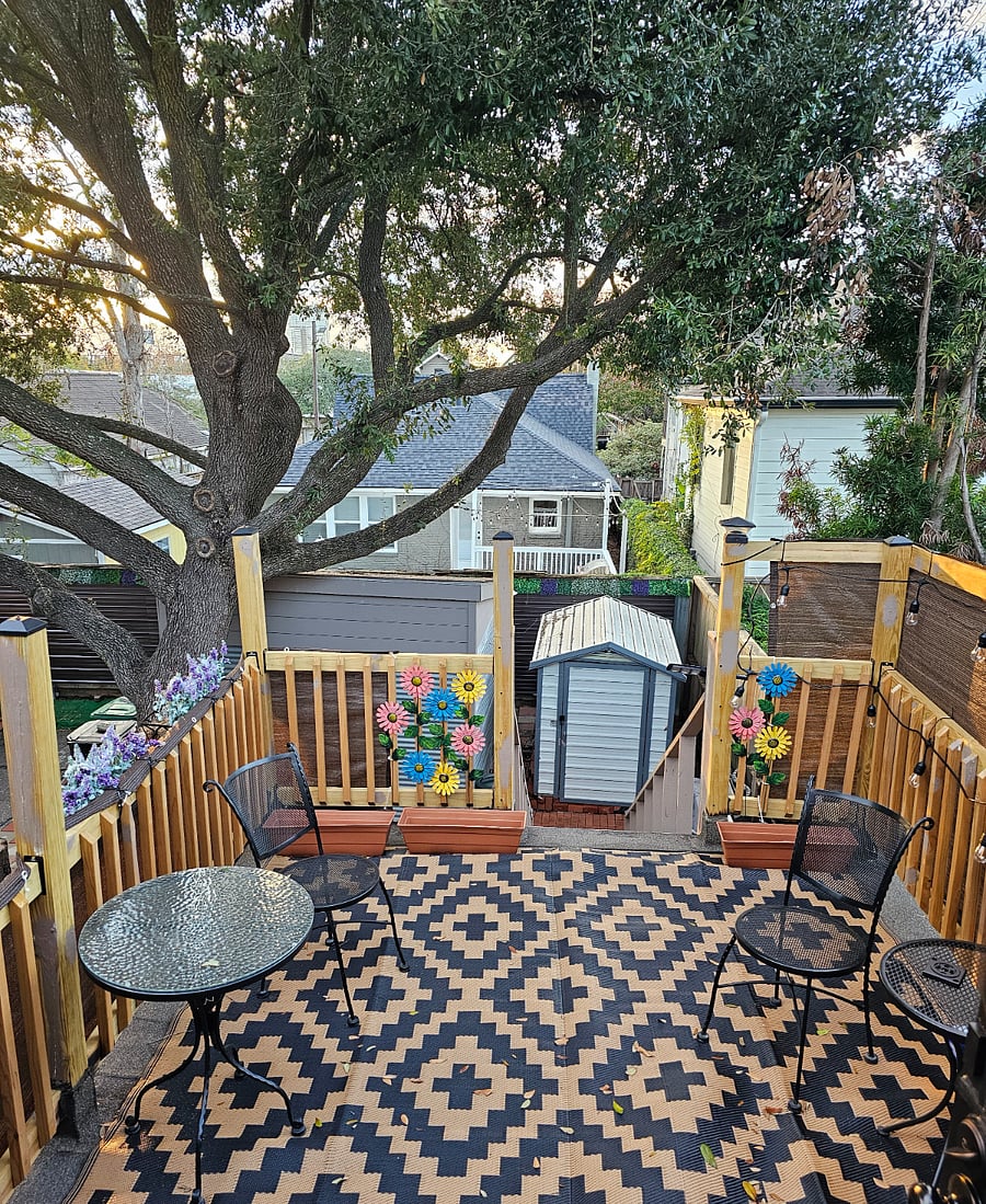 Upper deck with tables and seating.