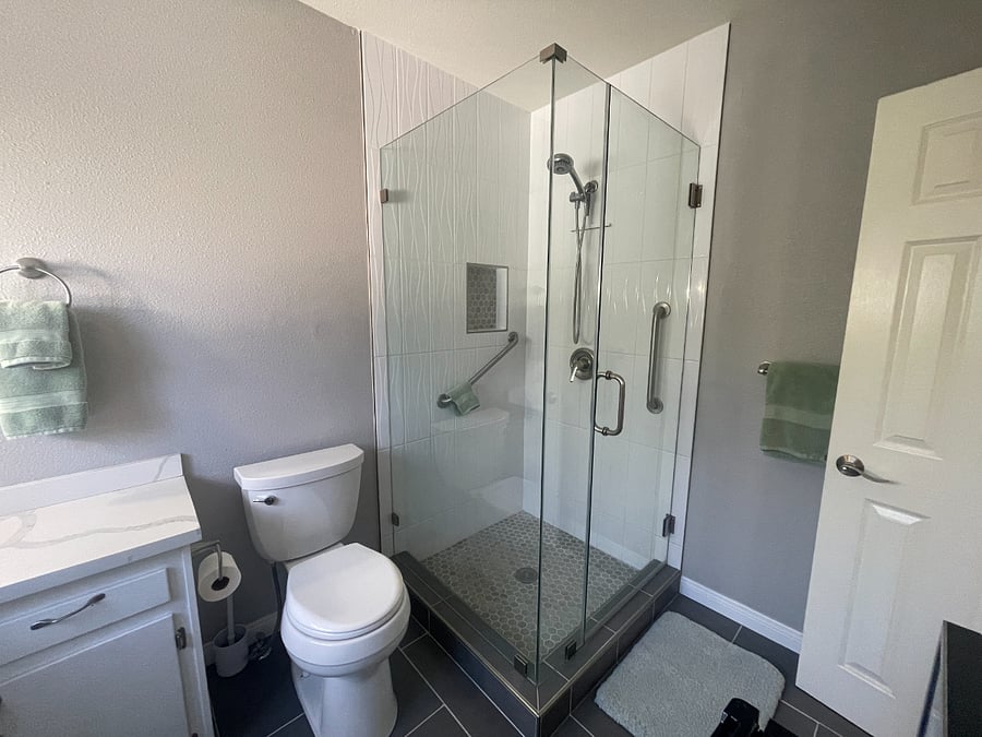 The en-suite bathroom was recently remodeled to the studs.