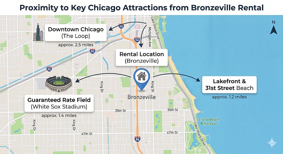 Unbeatable proximity to Chicago's best: minutes from Lakefront trails and beaches, White Sox games at Guaranteed Rate Field, and direct highway access to Downtown.