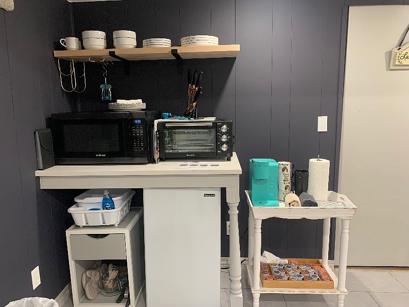 All in one toaster oven/air fryer/grill, microwave, mini fridge and Coffee maker. we have since added a small fridge/freezer combo.