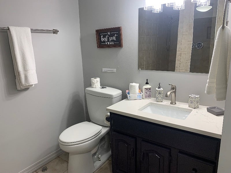 Bathroom is very spacious for the size of the apartment.