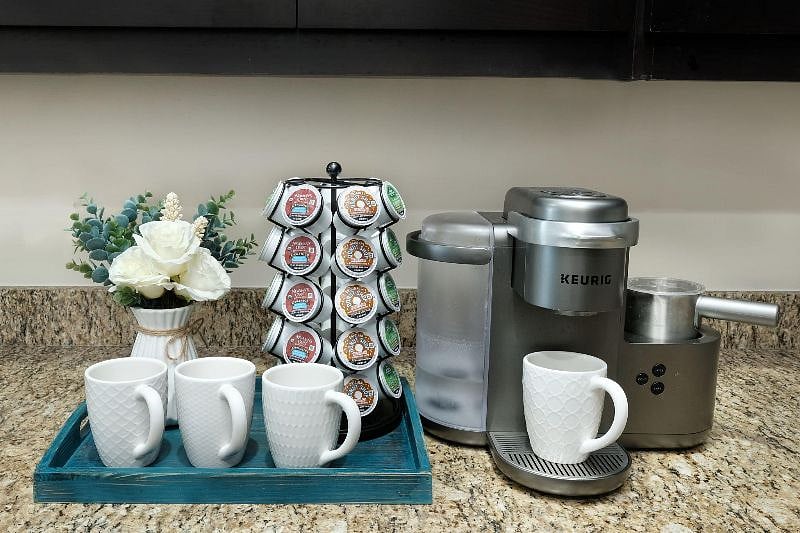 Keurig K-Cafe makes cappuccinos, lattes and coffee. Pods will be fully stocked for your stay!