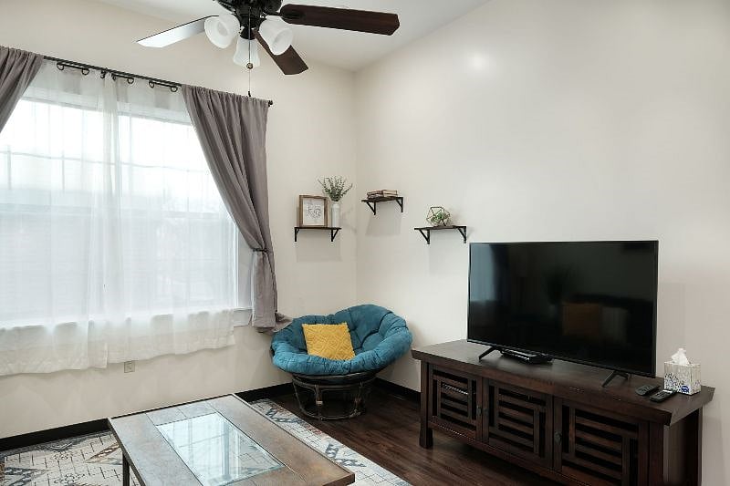 Well-lit living room with smart TV, comfy sofa and papasan, and blackout curtains for reflection-free TV!