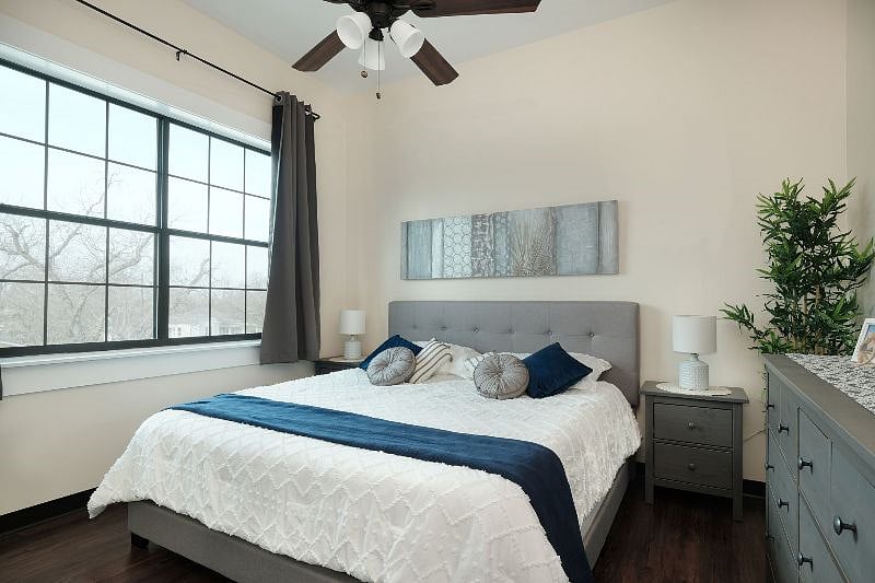 Bedroom #1: Large window provides lots of natural light and blackout curtains keep the room dark until youre ready to get up! Super comfy king bed. Closet space with lots of hangers and en suite bathroom.

