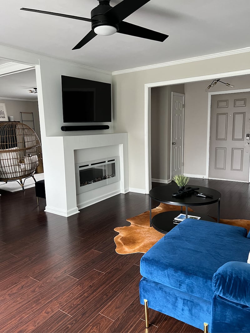 Living Room Area. Electric Fireplace. Smart TV.