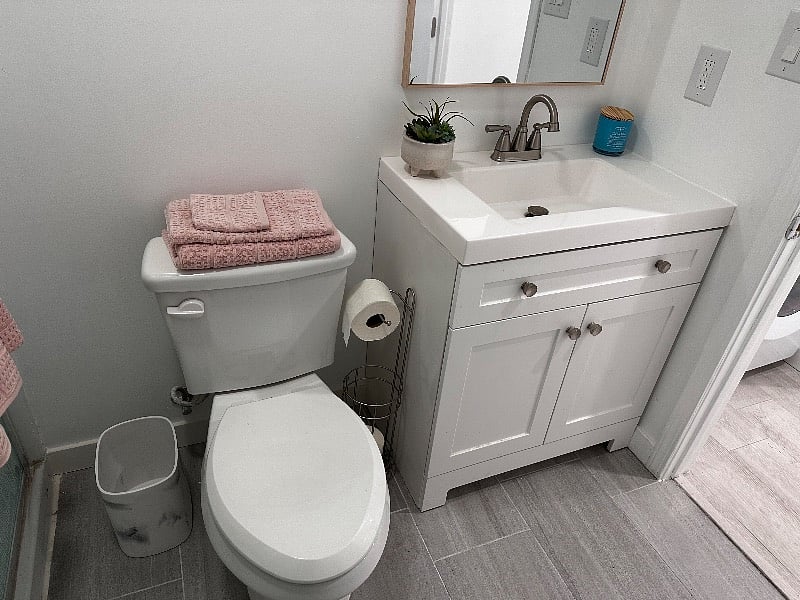 Bathroom has a large walk-in shower and includes amenities such as a hair-dryer and a flat iron.