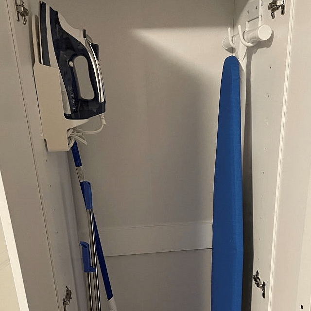 Utility Closet with Iron, Ironing Board, Broom, Dust pan, Mop, Bucket, Disposable Gloves and Bags