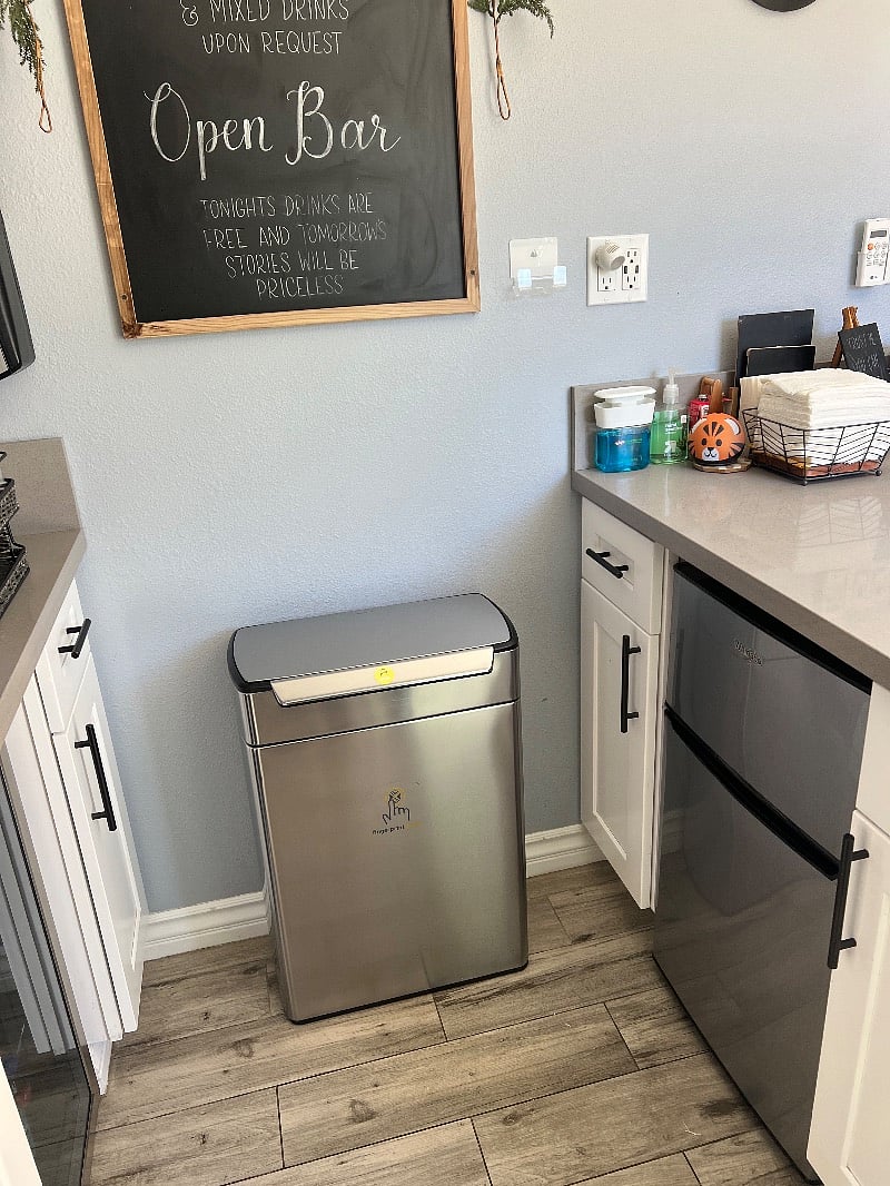 Mini fridge with small small freezer, small beverage fridge, Simplehuman trash bin and recycle bin