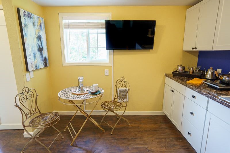 Eating area with bistro table.