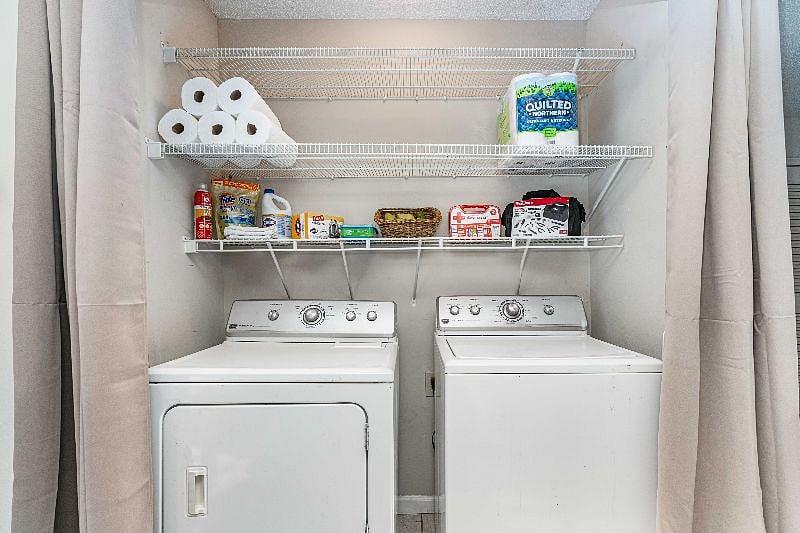 In-home washer & dryer as well as plenty of detergent and storage for whatever you need to store.