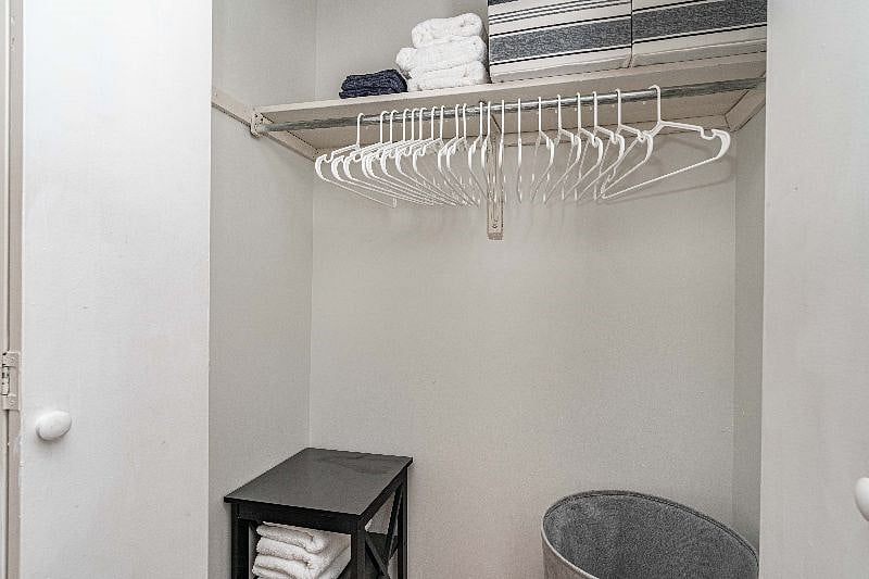 All closets have coat hangers, laundry baskets and additional storage