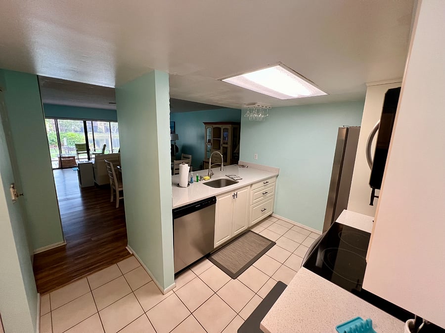 Nice counter space for using lots of included appliances for food prep and cooking, plus a new refrigerator, nice dishwasher and large sink. 