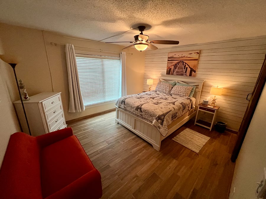 View of bedroom 2 from entry door. 
 Very comfy queen bed. 