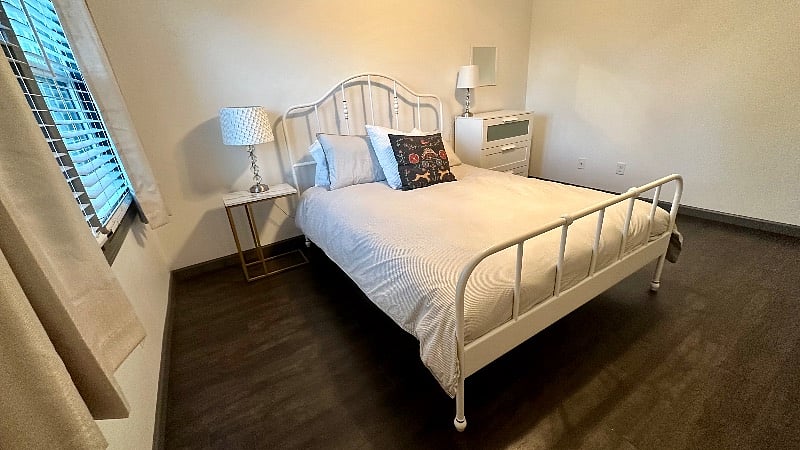 Queen size memory foam mattress in second floor bedroom, dresser, double closet, blackout curtains