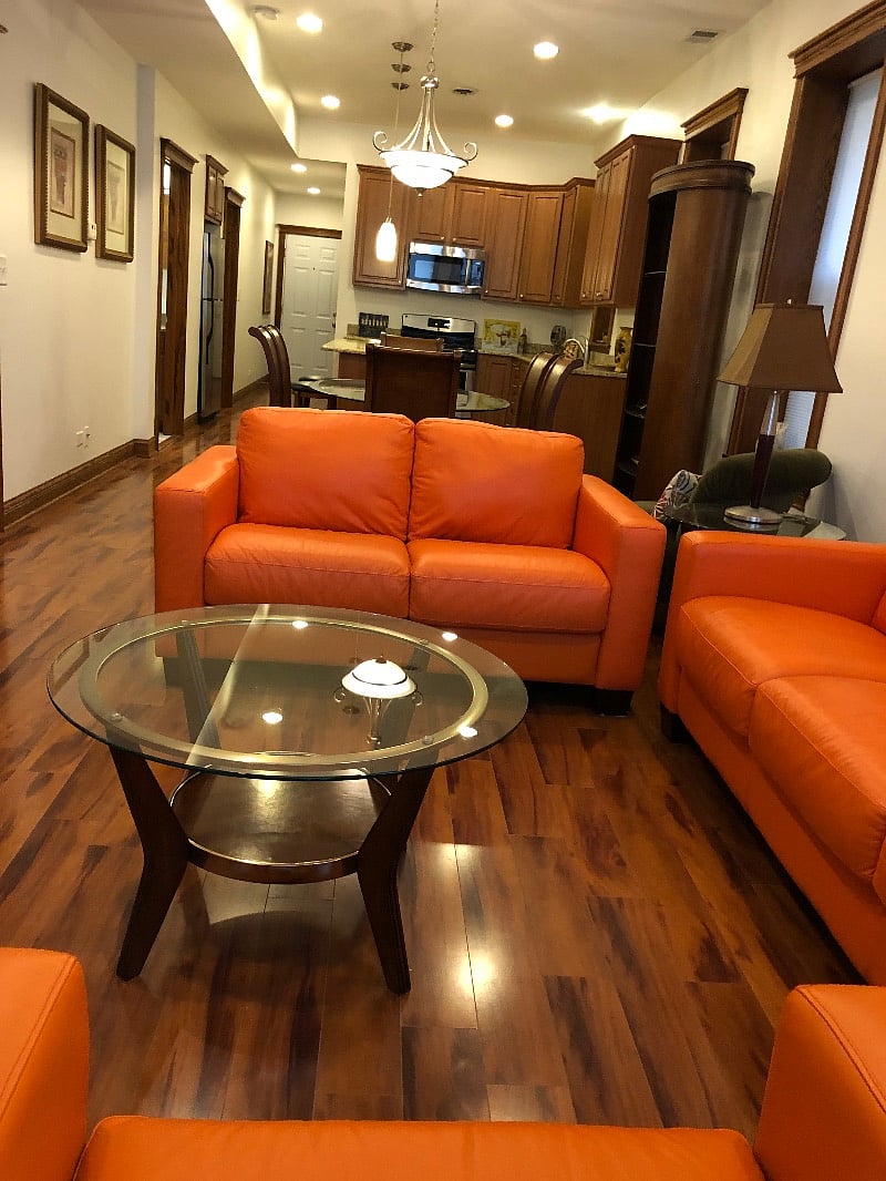 View from living room to dining room and kitchen.