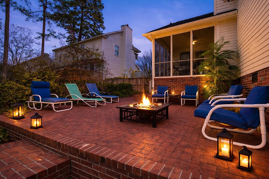 nviting outdoor fire pit with ambient lantern lightingperfect for relaxing evenings and unwinding under the stars.