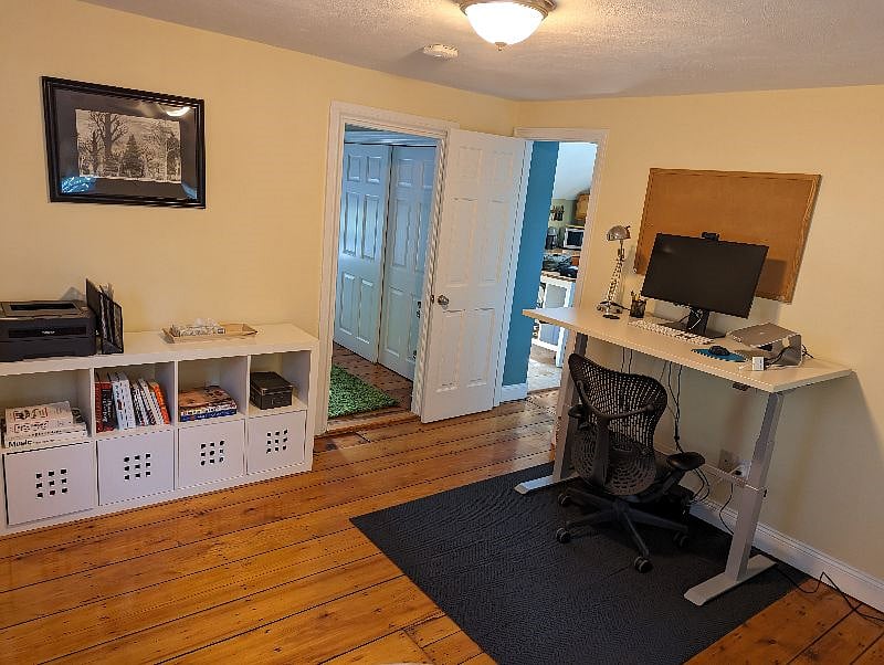 Sit / stand desk with Monitor, Webcam, mouse and keyboard if you have to work remotely.