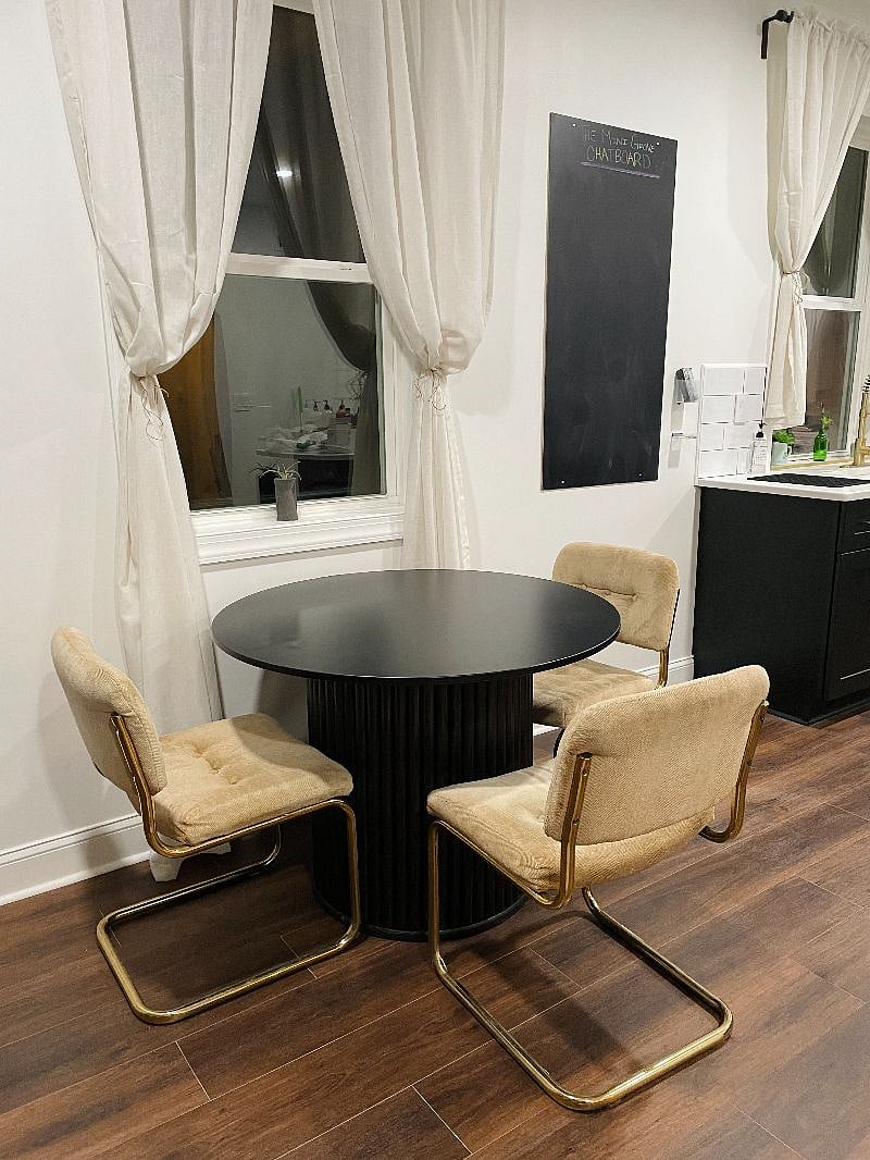 Dining table by window.