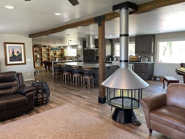 View from living room to kitchen and family room