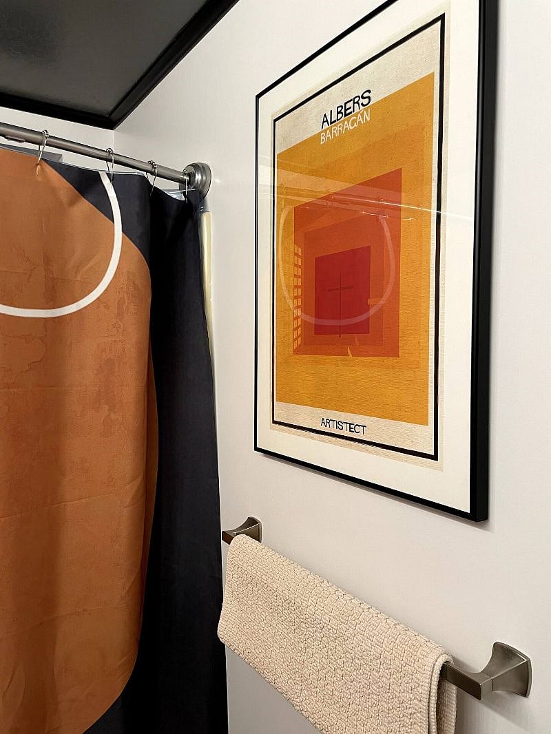 Bathroom art! A framed poster celebrating our favourite architect and a custom-printed shower curtain.