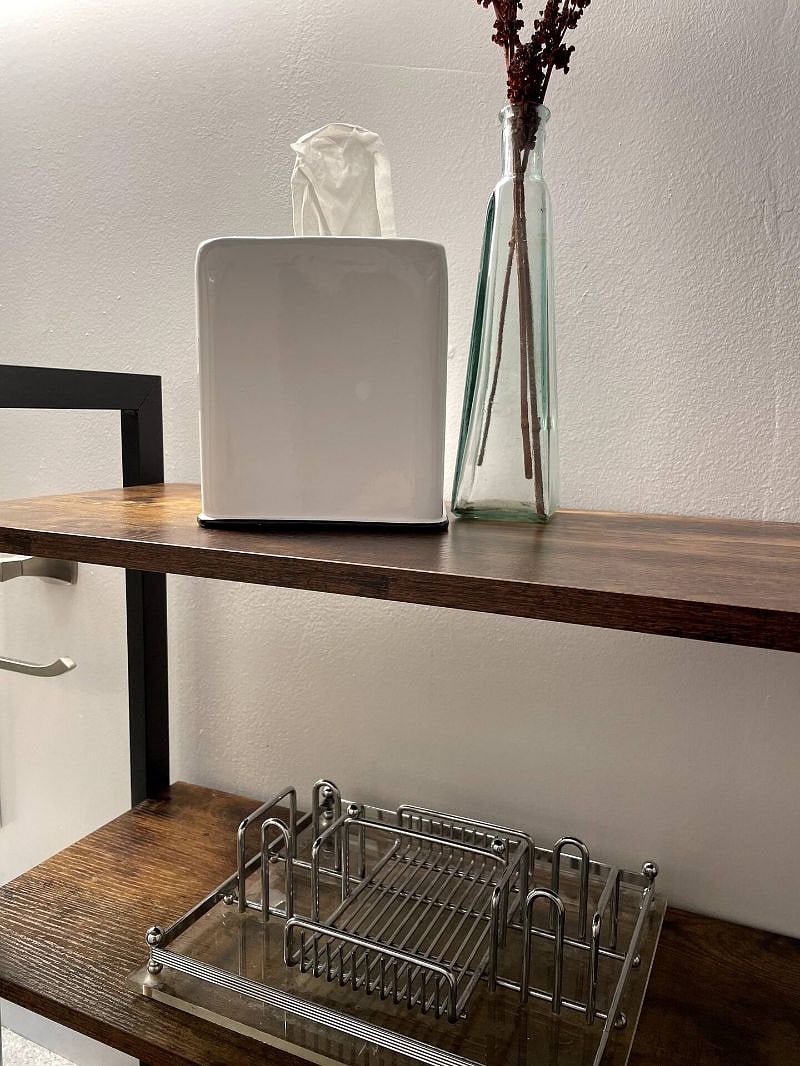 Close-up of a few bathroom amenities.
