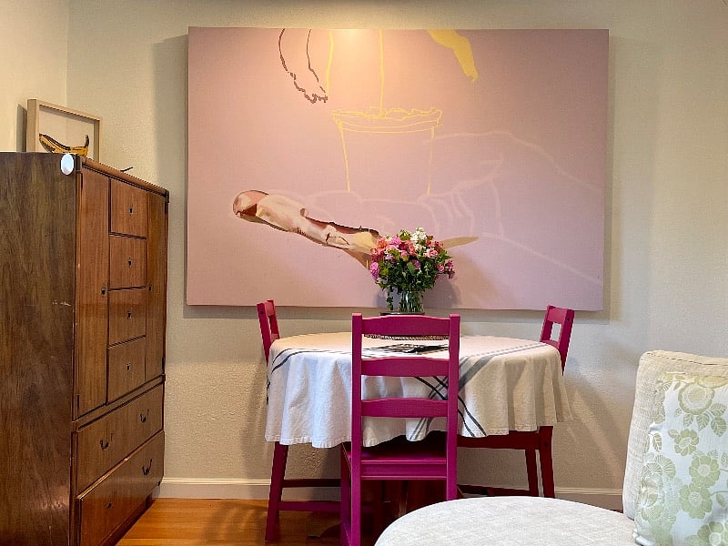 Your private dining area (different from the home's formal dining room) is located right outside your bedroom door. Seats three and converts into a workstation. (Extension cords available upon request.)