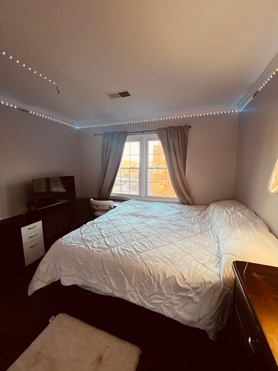 Second bedroom with King sized bed, desk, chair, dresser and large mirrored closet