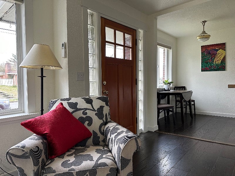 Solid craftsman front door with keyless entry. Drop leaf dining table.