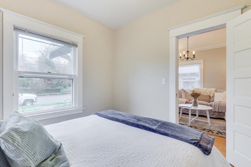 Room recently added Smart TV, desk as a dedicated work space with printer and room darkening curtains.