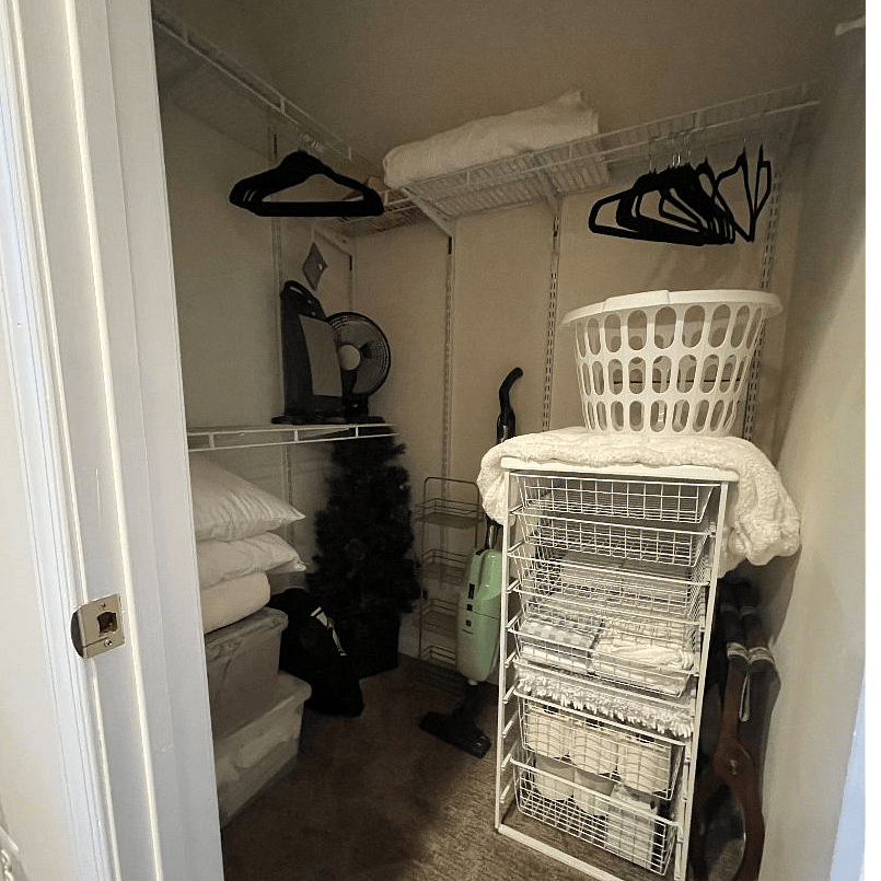 More towels, extra sheets, laundry basket, hangers, small fan, extra blankets and a vacuum.