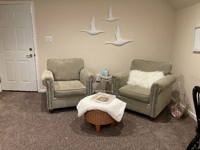 A small sitting area to sit and read before bed. The geese on the wall are just a small sampling of what you will see on property.