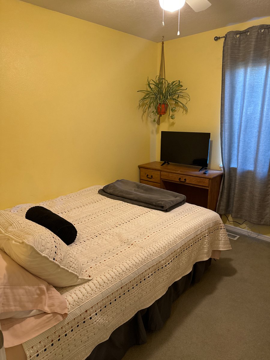 2nd bedroom w/ queen bed, ceiling fan, smart TV, and blackout curtains.