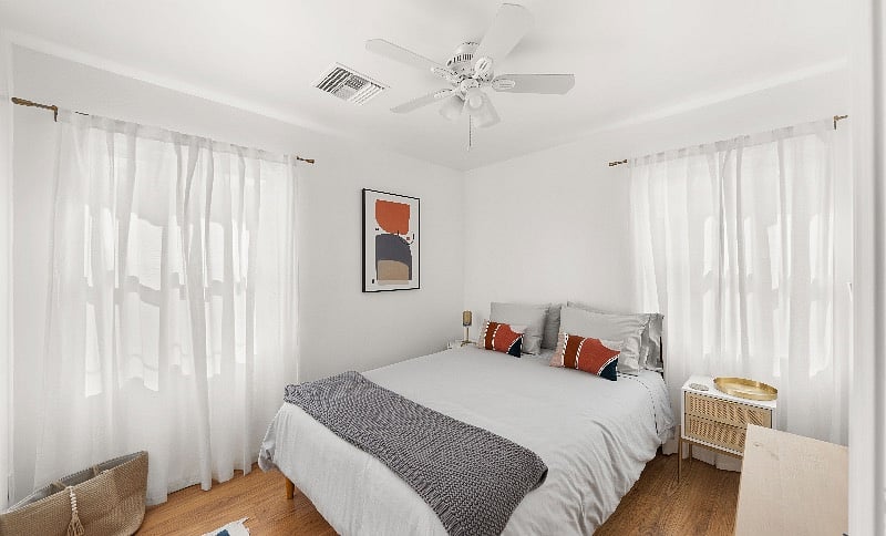 Queen-sized hotel-quality mattress with 100% cotton light gray bedding. Mattress protector, pillow protectors and duvet protector under the sheets and duvet cover. Jute basket for soiled clothes, two night stands and brass colored lamp. Gray premium cotton throw blanket.