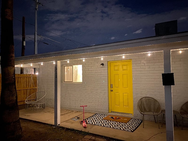 Solar lights set the mood for enjoying warm evenings outside with a cool drink. Patio has views of Banner University Medical Complex and the downtown Phoenix skyline.