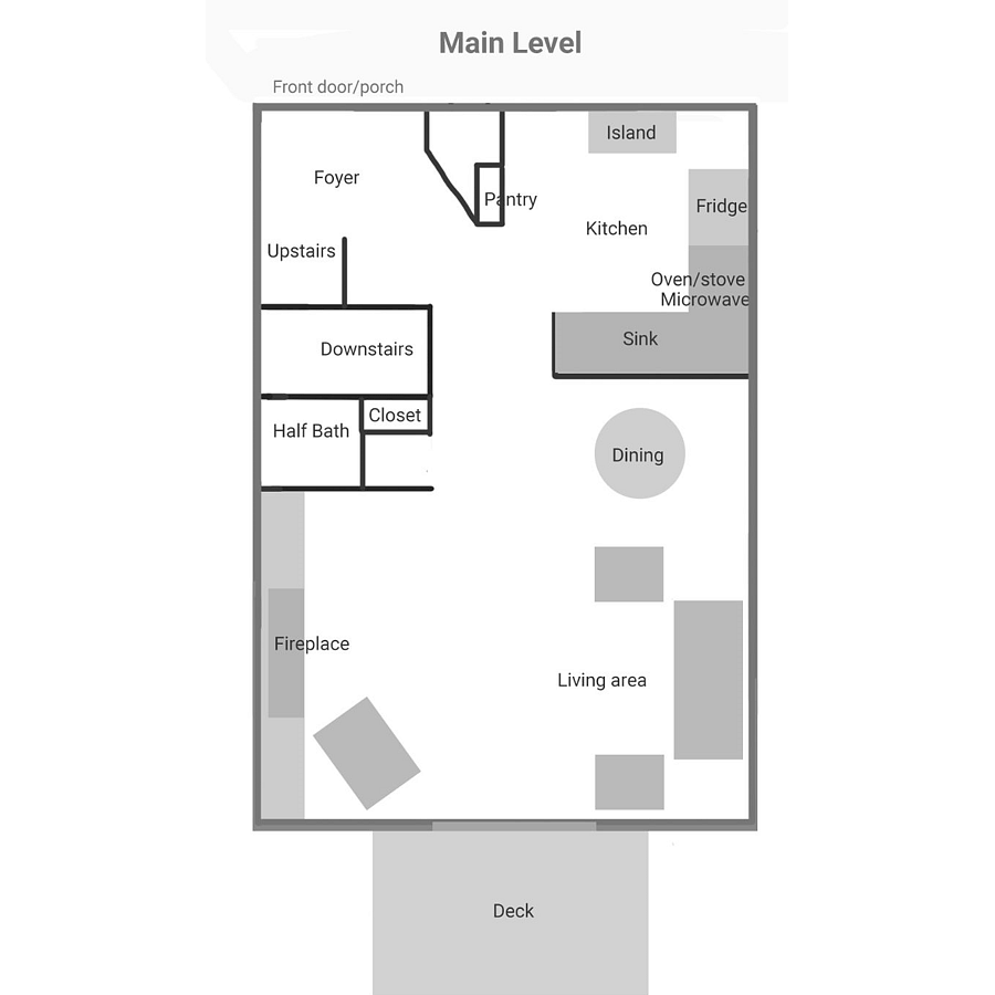 Main Shared Floor - Kitchen, living and dining, fireplace, half bath, closet, entry way, deck